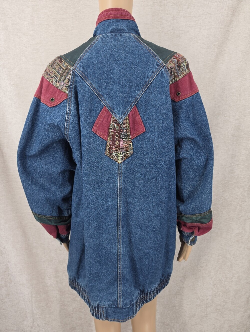 Vintage Denim Blue Jean Oversized Jacket Aztec Tapestry Corduroy Patchwork - Picture 2 of 14